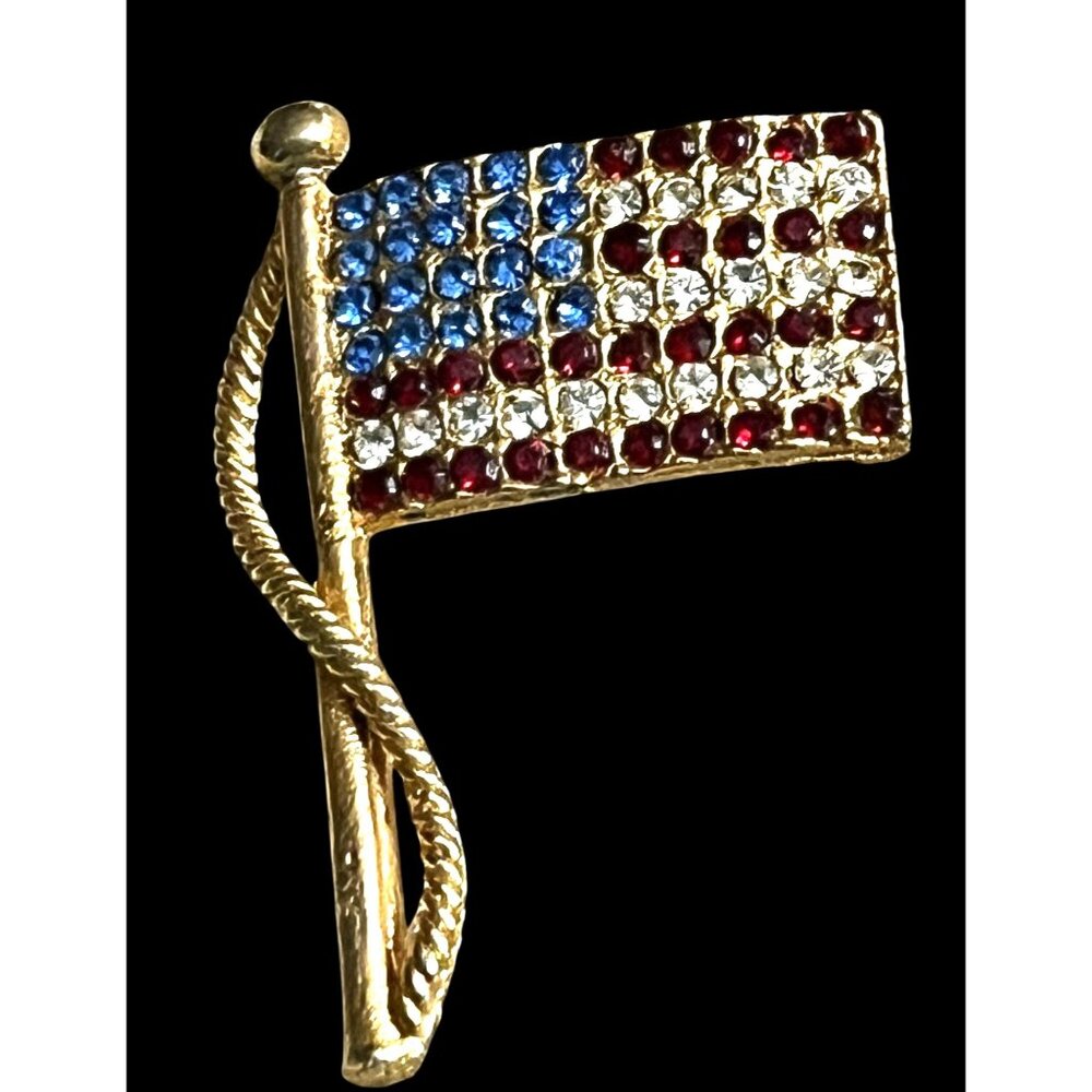 Vintage Gold-Tone American Flag Brooch With Red White Blue Rhinestones